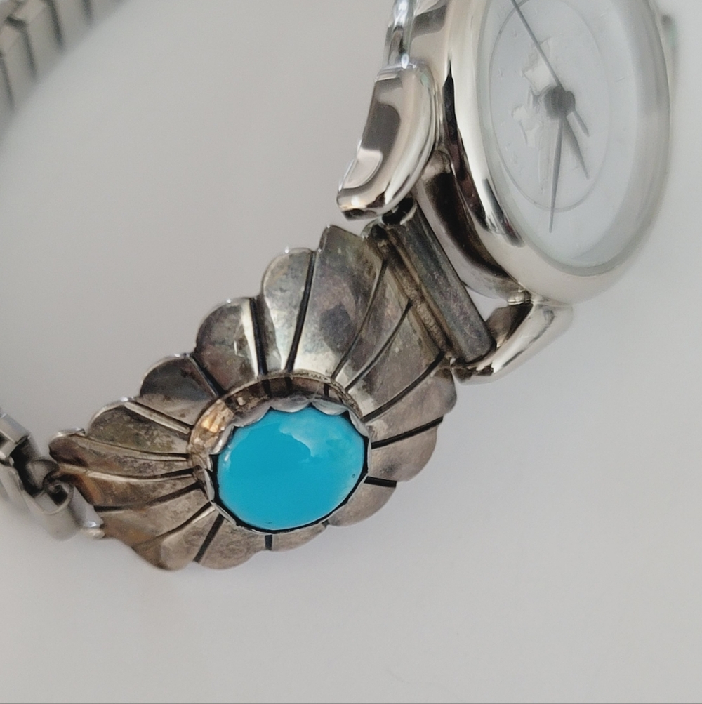 H Signed Southwest Traditions sterling silver with turquoise Watch - Picture 3 of 6